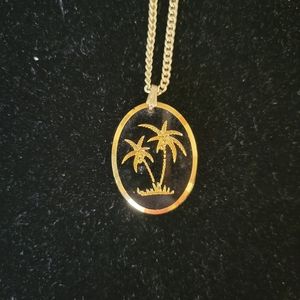 Vintage German Black & Gold Glass Tropical Pair of Palm Trees Intaglio Necklace